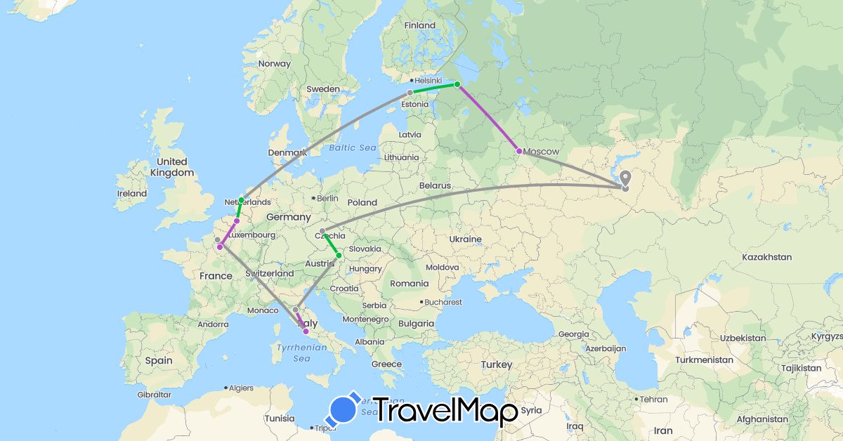 TravelMap itinerary: driving, bus, plane, train in Austria, Belgium, Czech Republic, Estonia, France, Italy, Netherlands, Russia (Europe)